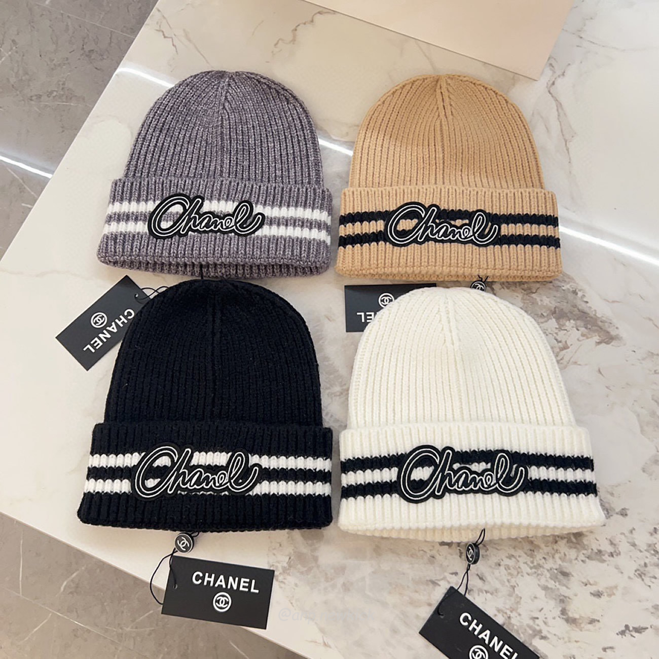 Chanel Knitted Cold Hat White Black Gray Brown (6) - newkick.app